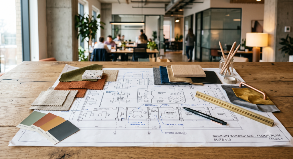 A close-up shot of a modern office floor plan blueprint spread across a rustic wooden table. Scattered across the blueprint are interior design elements, including textured fabric swatches in earthy tones (olive, terracotta, mustard, and blue), a fan of paint chips, a small terrazzo tile sample, a light wood block, a sleek pen, and a brass ruler. The background shows a softly blurred, contemporary open-concept office with employees working, glass partitions, and green potted plants.