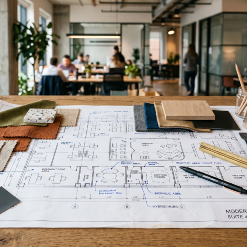 A close-up shot of a modern office floor plan blueprint spread across a rustic wooden table. Scattered across the blueprint are interior design elements, including textured fabric swatches in earthy tones (olive, terracotta, mustard, and blue), a fan of paint chips, a small terrazzo tile sample, a light wood block, a sleek pen, and a brass ruler. The background shows a softly blurred, contemporary open-concept office with employees working, glass partitions, and green potted plants.