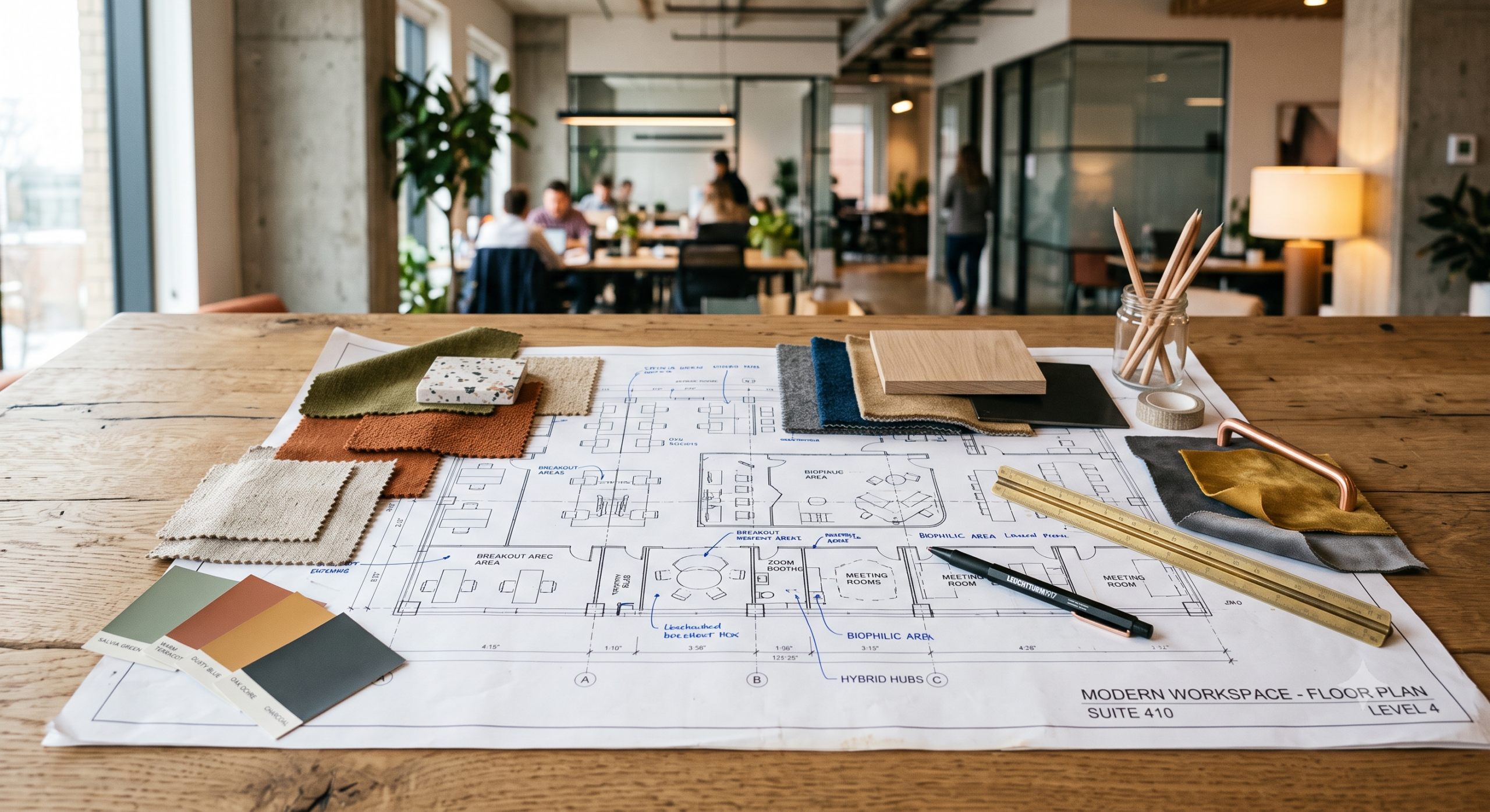 A close-up shot of a modern office floor plan blueprint spread across a rustic wooden table. Scattered across the blueprint are interior design elements, including textured fabric swatches in earthy tones (olive, terracotta, mustard, and blue), a fan of paint chips, a small terrazzo tile sample, a light wood block, a sleek pen, and a brass ruler. The background shows a softly blurred, contemporary open-concept office with employees working, glass partitions, and green potted plants.