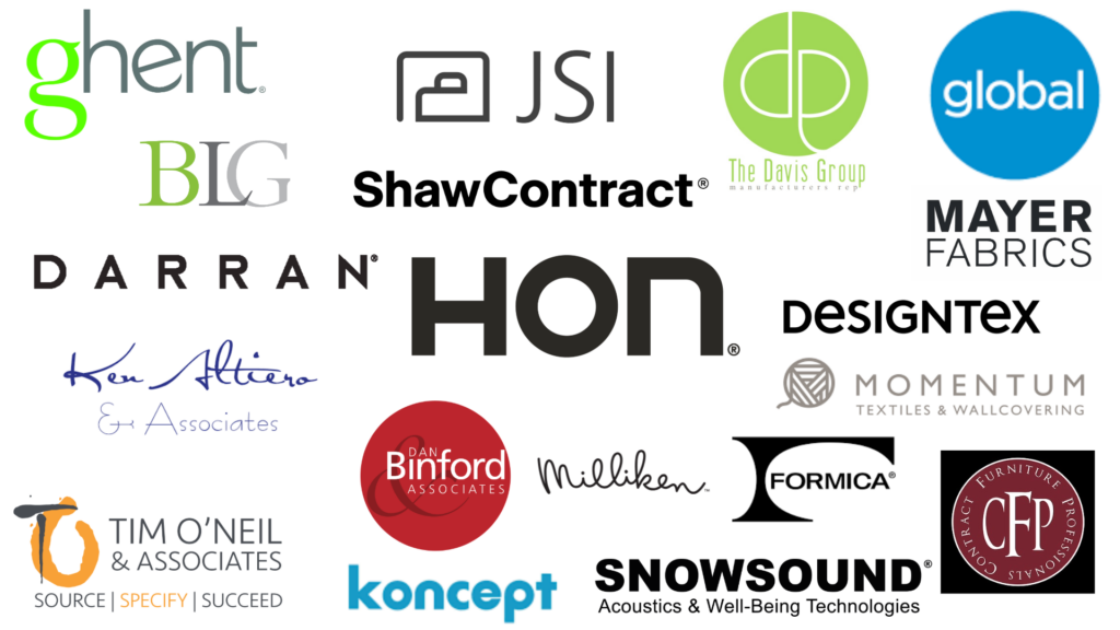 Neocin 2026 participant logos Ghent, JSI, global, ShawContract, Ken Altiero, HON, Mayer Fabrics, Tim O'Neil & Associates, Koncept, momentum Textile and wall coverings, Snowsound acoustics & Well-being technologies