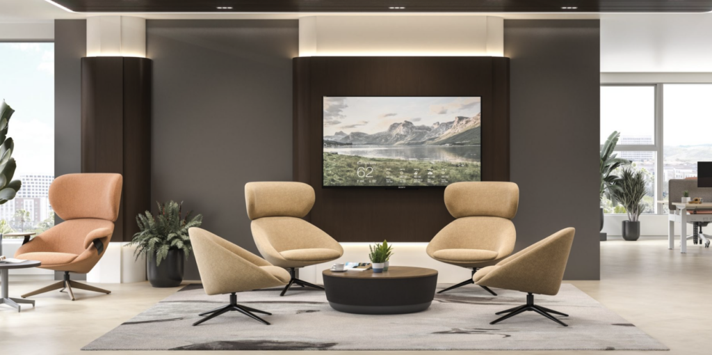 Office setting seating area with 4 chairs a coffee table