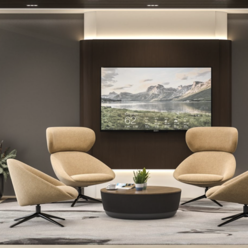 Office setting seating area with 4 chairs a coffee table
