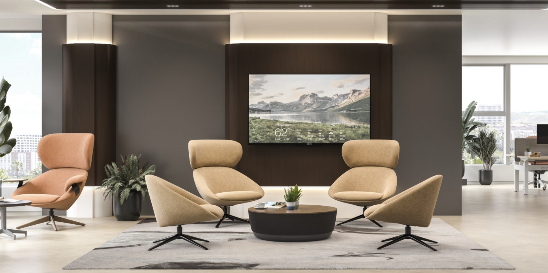 Office setting seating area with 4 chairs a coffee table